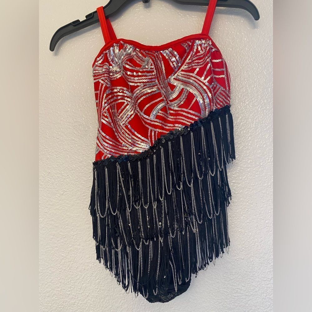 Glamour solo red black flapper fringe embellish Dance Costume Leotard MC child